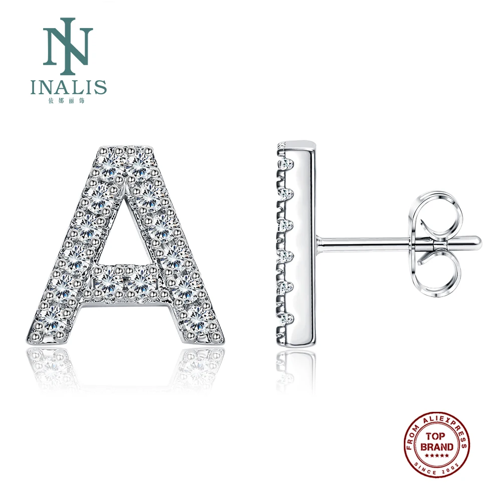 INALIS, серебряные серьги-гвоздики, циркониевые, модные, Алфавит 26 букв, посеребренные, начальные гипоаллергенные серьги для девочек
