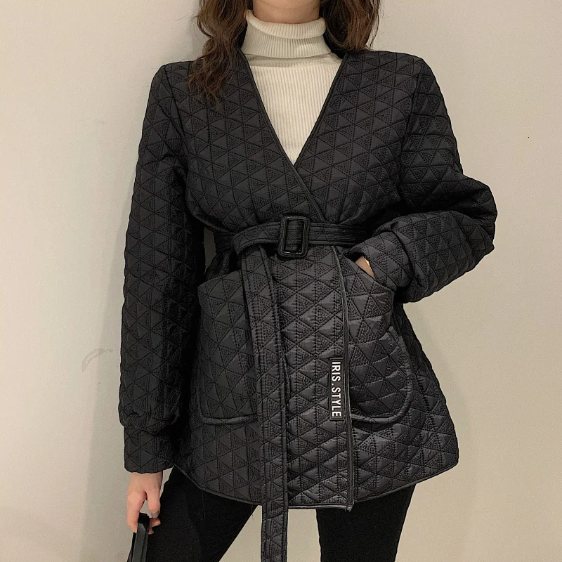 

[EWQ] 2020 Spring New Sweet V-neck Check Pattern Tie Waist Full Sleeve Cotton-padded Coats Korea Style Plus Size Parka QZ04601