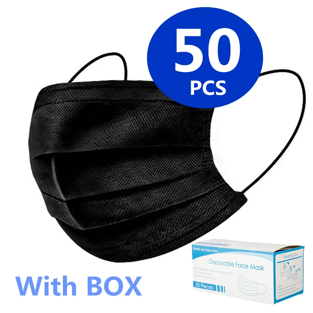 

50 Pcs Black Mask Medical Surgical Mask Disposable 3-layer Meltblown Cloth Black Face Mask Protective Baby Adult Masks