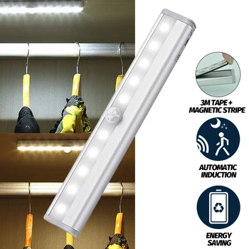 

10 LEDs PIR LED Motion Sensor Light Cupboard Wardrobe Bed Lamp LED Under Cabinet Night Light For Closet Stairs Kitchen Bedroom