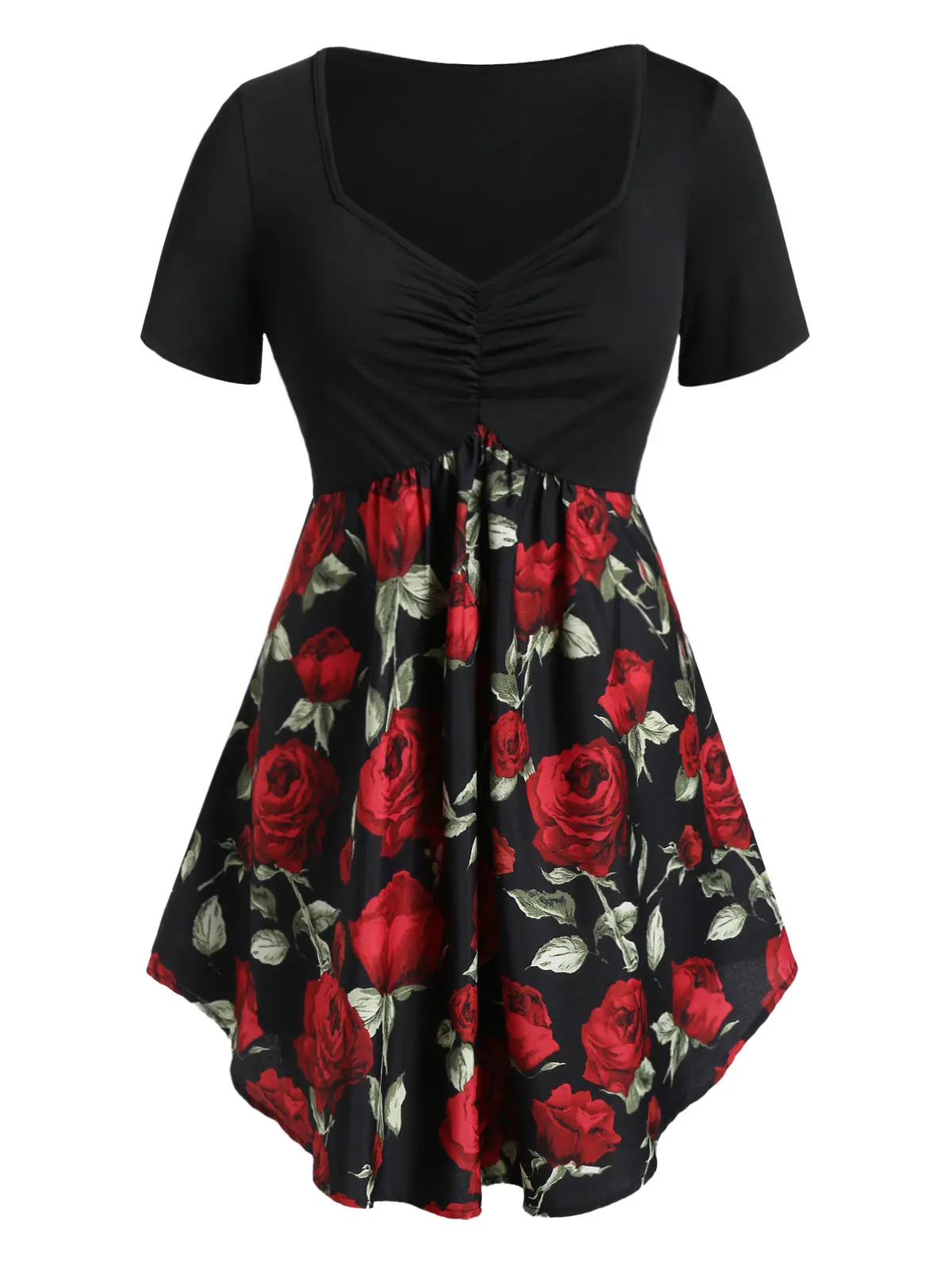 ROSEGAL размера плюс Cinched Rose Print Туника Футболка Милая шея короткий рукав Цветочный