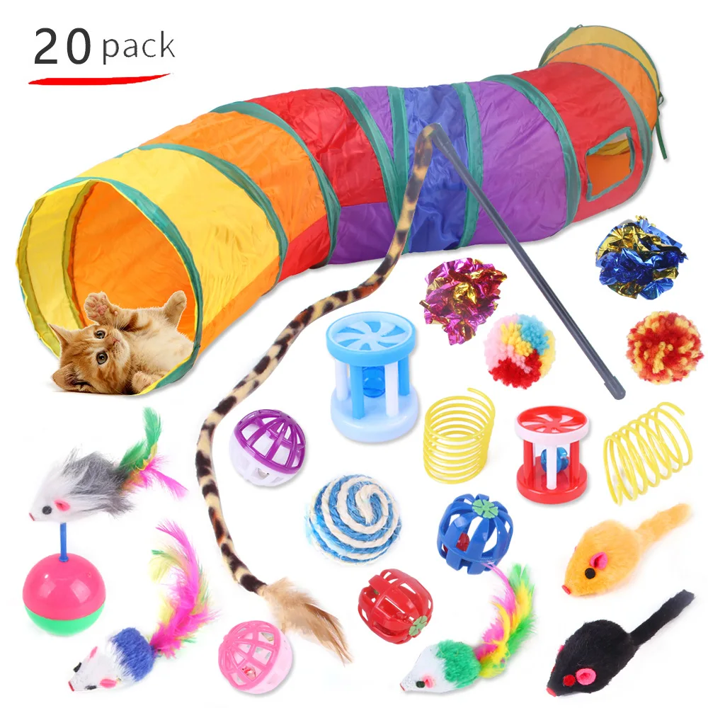 Cat Toys Set of Mouse, Shape Balls, Foldable Play Tunnel, Sticks , Fish