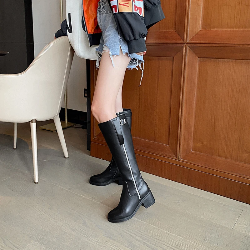 

2020 new leather boots mid heel round toe women's boots