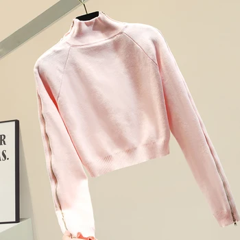 

Turtle-Neck Sweater Women's 2019 Autumn Winter New Short Thick Long Sleeve Zipper Side Sleeve Sweater Sweter Crop Top Nancylim