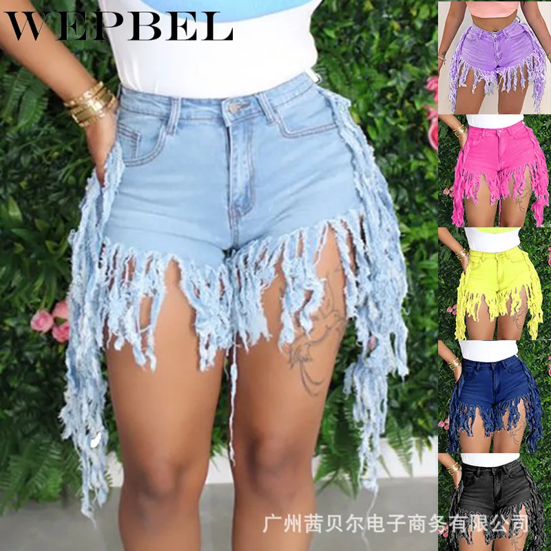 

WEPBEL Women's Denim Shorts Summer Casual Pocket High Waist Straight Tassel Denim Shorts