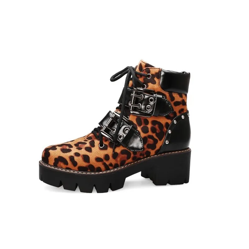 

US4-11 Womens Round Toe Leopard Black Ankle Boots Platform Lace Up Belt Buckle Chunky Block Heel Punk Motorcycle Winter Shoes