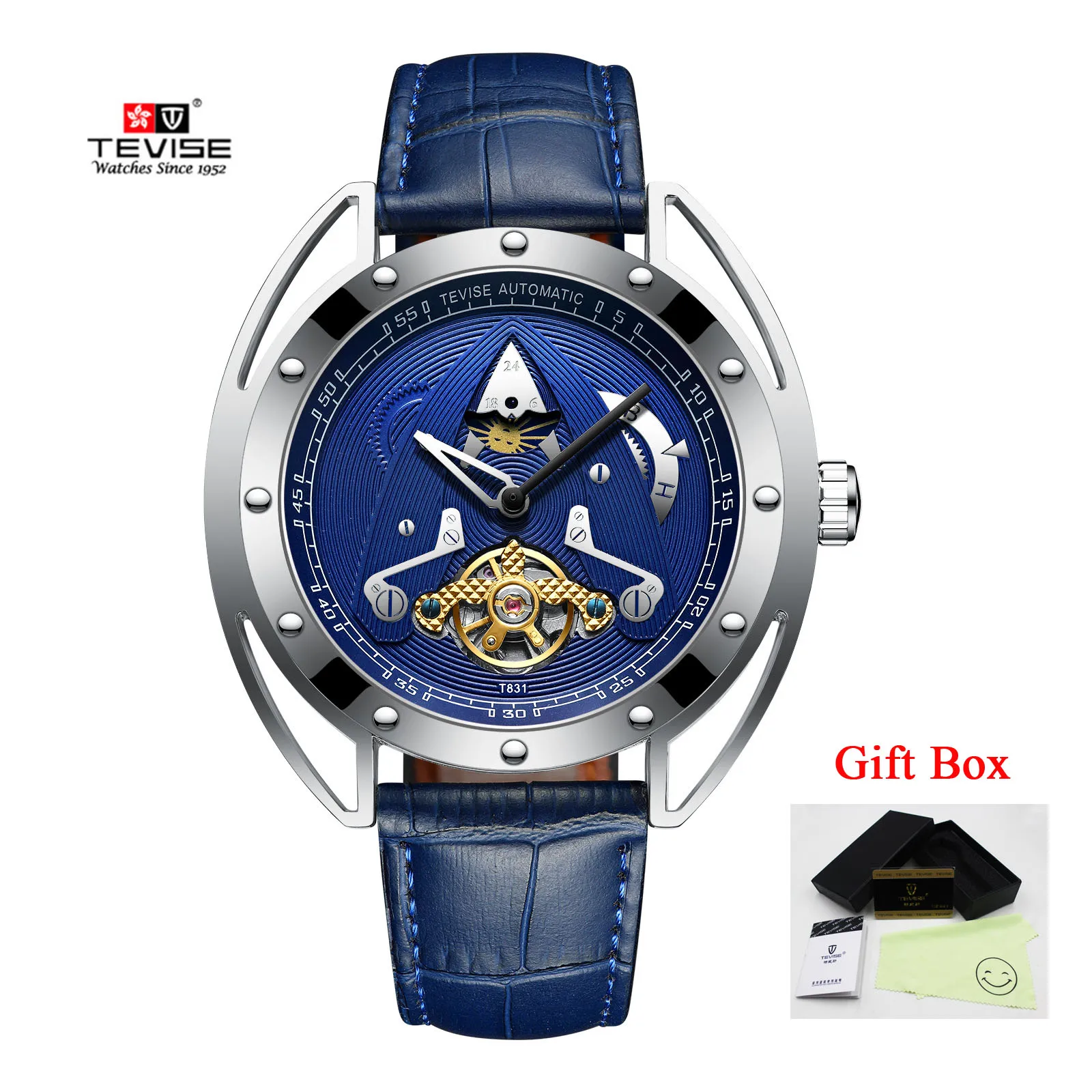 silver blue Tevise Мужские автоматические механические часы водонепроницаемые Tourbillon спортивные брендовые модные синие мужские наручные часы Relogio Masculino - Цвет: silver blue