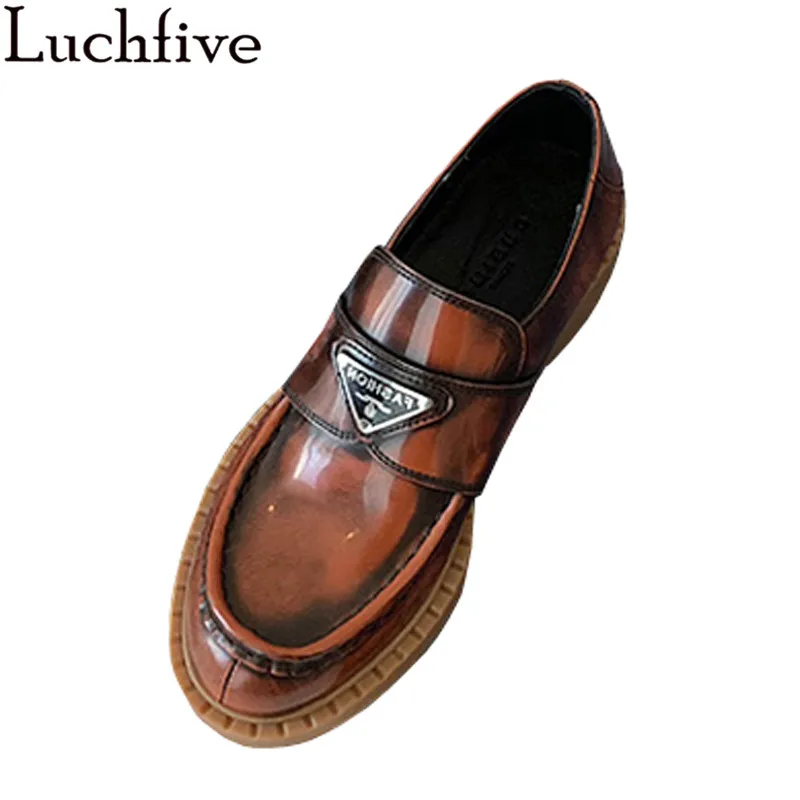 Woman Loafers Shoes British Style old Thick heel Real Leather Designer Casual Flat Round toe Suit Dress Runway | Обувь