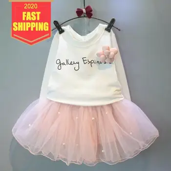 

Girls Dresses 2020 New Lovely Girls White Tee Shirt and Pink Dress with Rhinestone Clothes Set Kids Spring Children Clothing Set
