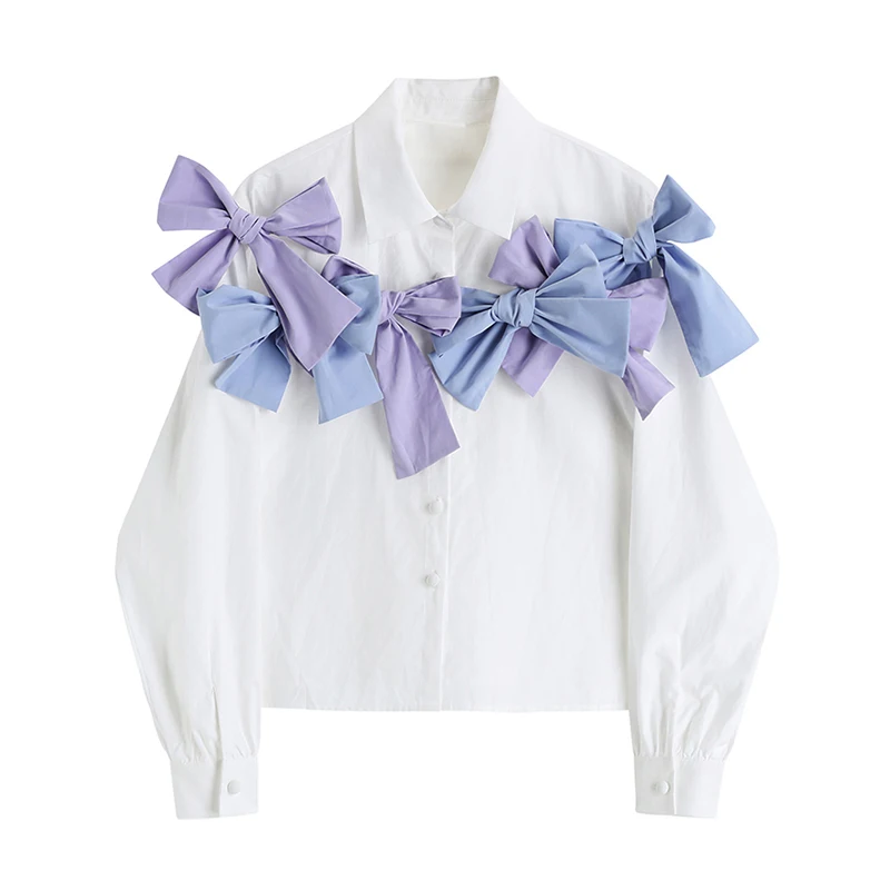 

Patchwork Bowknot Elegant Shirt Casual Hit Color Blouse For Women Lapel Long Sleeve Shirt Female Fashion New Clothing