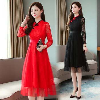 

Elegant Turtleneck Cutout Long Sleeve Lace Panel Mesh Midi Temperament Bottoming Dress 2020 Spring Women Clothing