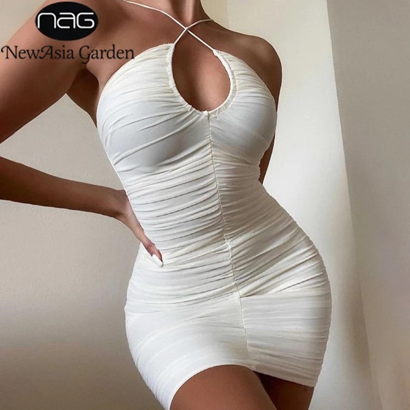 NewAsia Mesh Dress Spaghetti Strap Lace up Ruched Cut out Hole Zipper 2 Layer Elastic Slim Fit Mini Dress Chic Woman Slip Dress