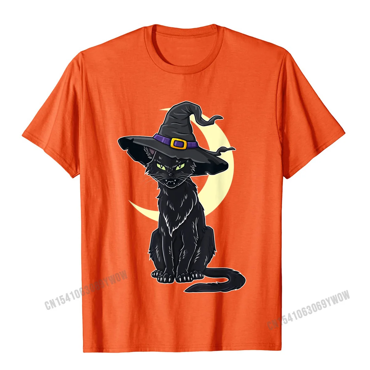 Camisa Short Sleeve Tops T Shirt NEW YEAR DAY Crew Neck Cotton Men T Shirt cosie Camisa Clothing Shirt Cute Drop Shipping Halloween Scary Black Cat With Witch Hat T-Shirt__669 orange