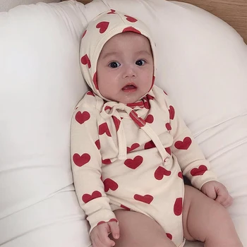 

Newborn Baby Sleeping Wear Clothes Babies Pijamas Set Autumn Lovely Heart Romper+Cap Infant Jumpsuit Cotton Baby Girl Sleep Suit