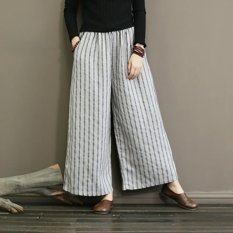 Women's Pants Literary Loose Pants Linen Striped Wide Pants Casual Trousers Woman Clothes Large Size Women's 1899