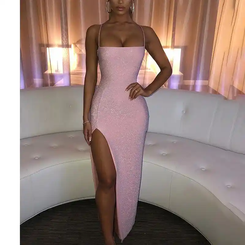 Sexy Glitter Backless Dress Women Lace Up Hollow Out Egirl Maxi