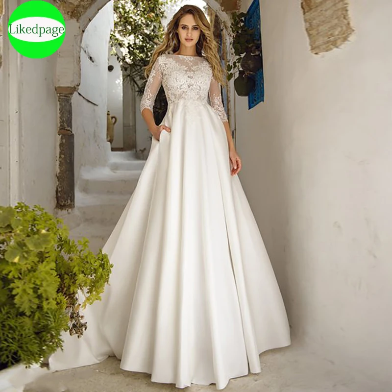 Abito Da Sposa 2021Boho Vestidos De Novia 3/4 Manica Sexy Illusion Lace Appliques Robe Mariage Boda Abito Da Sposa Abito Da Sposa