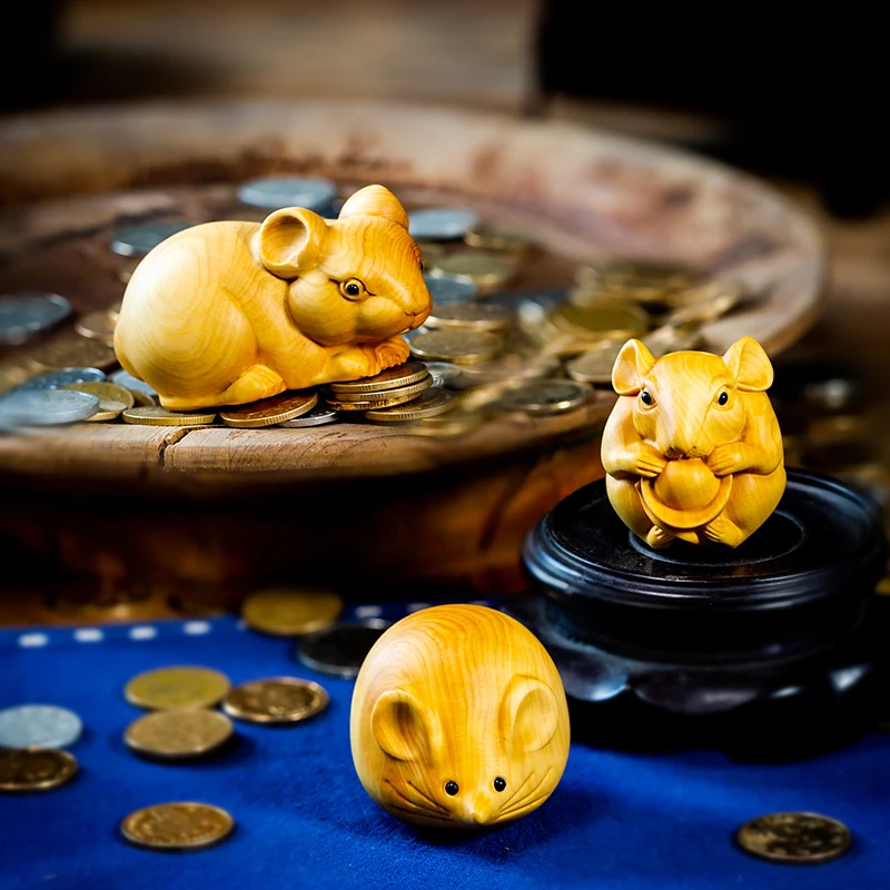 

Cute Mouse Money Rat Year Gift Small Figurines Wood Animal Statue Arts Crafts Solid Wood Statue Lucky Statue Handmade Carved