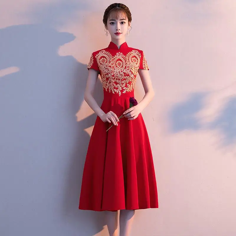 Новое вышитое свадебное платье Cheongsam бургундского цвета воротник-стойка китайское платье благородное платье De Soiree - Цвет: red long