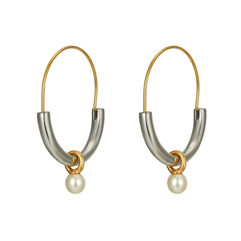 

Custom retro French freshwater pearl earrings textured two-tone metal earrings for women