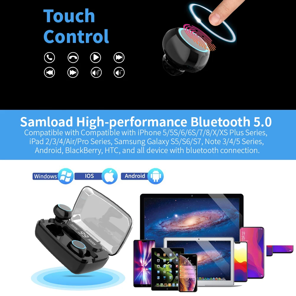 Samload настоящие беспроводные наушники Bluetooth наушники 5,0 HIFI Звук со СВЕТОДИОДНЫЙ Дисплей Чехол для зарядки для iPhone Xiaomi samsung sony