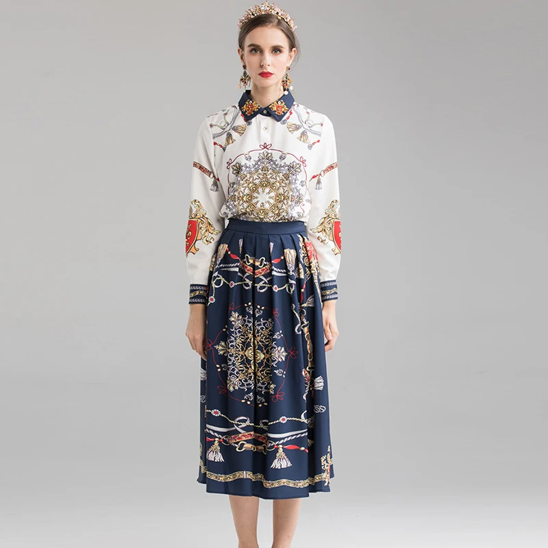VERDEJULIAY Runway Women Sets Spring Autumn New Luxury Beading Turn-Down Blouse Top+Blue Pleated Skirt Flower Print Sets