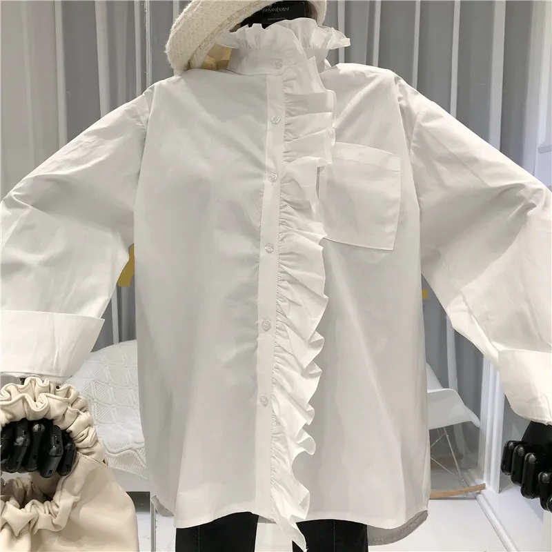Новинка, Blusas Mujer De Moda, блузка с оборками, Женская Весенняя рубашка с длинным рукавом, Blusas Femininas, Элегантная блузка из смешанного хлопка