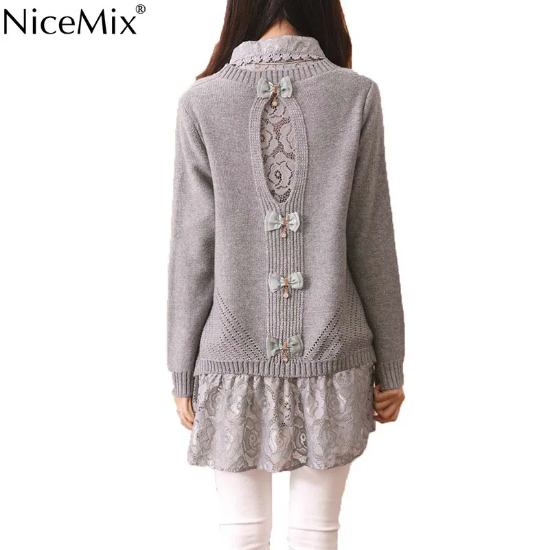 NiceMix Sweet Pullover Sweater Women 2022 Autumn Casual Lace Dress Set Back Hollow Out Bow Patch Plus Size Long Sweaters | Женская