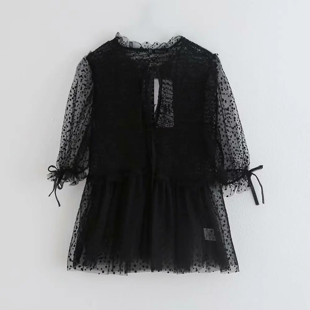 

women sexy agaric lace ruffles net yarn black blouse dots pattern shirts half sleeve bow tied blusas female chemise tops LS4047