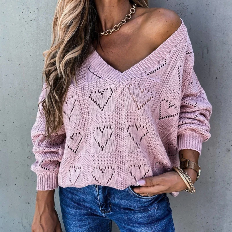 My-Love 2020 New Women Autumn Sexy Sweater Knitted Jumper V-neck Hollow Out Sweaters Elegant Off Shoulder Patchwork Pullover Top
