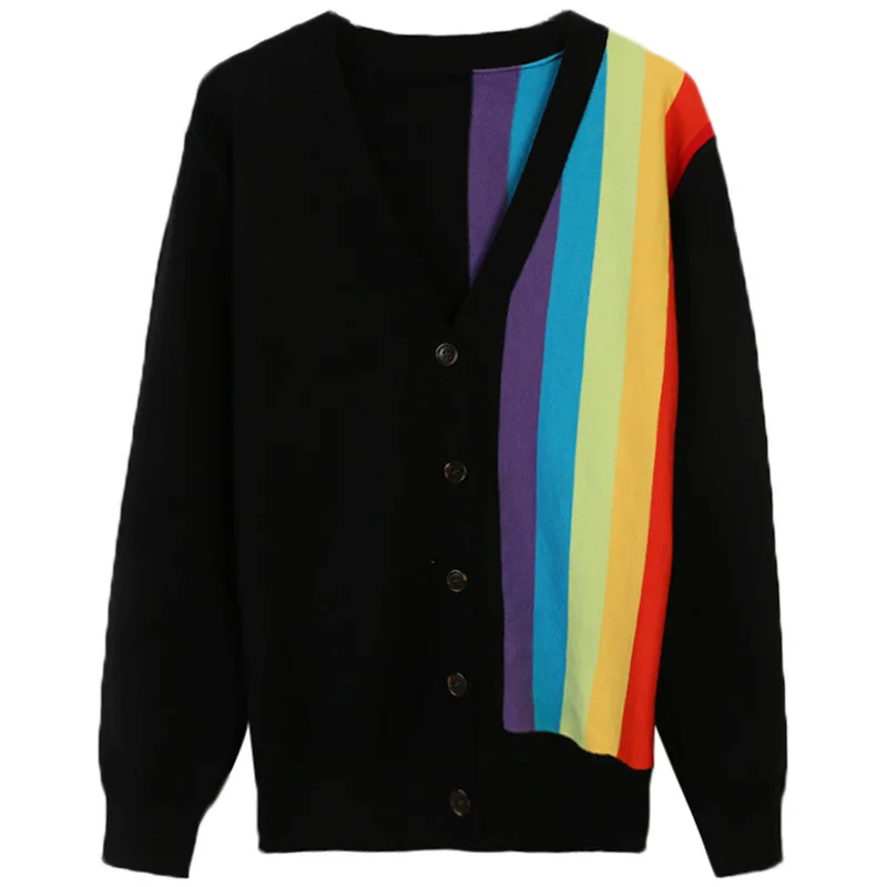 

Tunjuefs Loose V-Neck Color Block Button Cardigan Women Sweater Coat Rainbow Striped Long Sleeve Runway Knitted Top Winter
