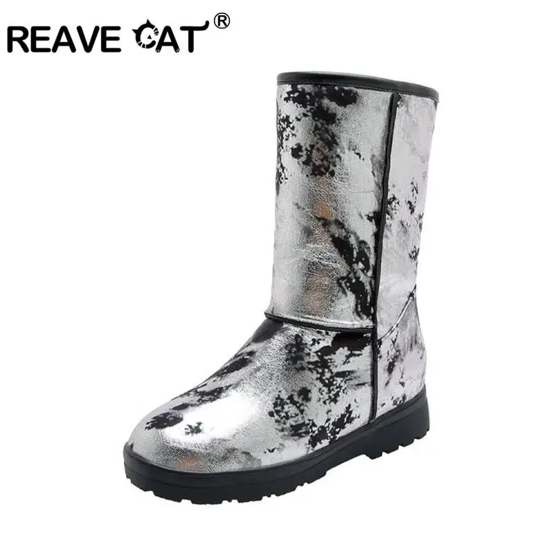 

REAVE CAT Women MId-Calf Boots winter snow boots Round Toe Flock Low heel Faux leather Square Thick Heel Pull On zapatos Big size 33-50 Casual