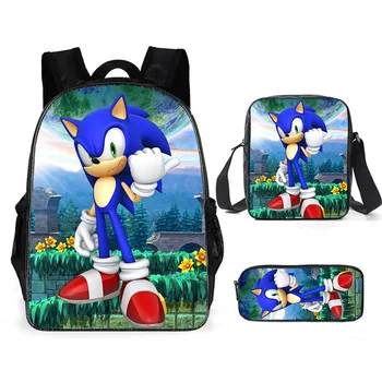 

New 3PC/Set Backpack Hot Game Sonic 4 The Hedgehog Pattern Students School Bags Cartoon Anime Teenagers Book-Bags Set