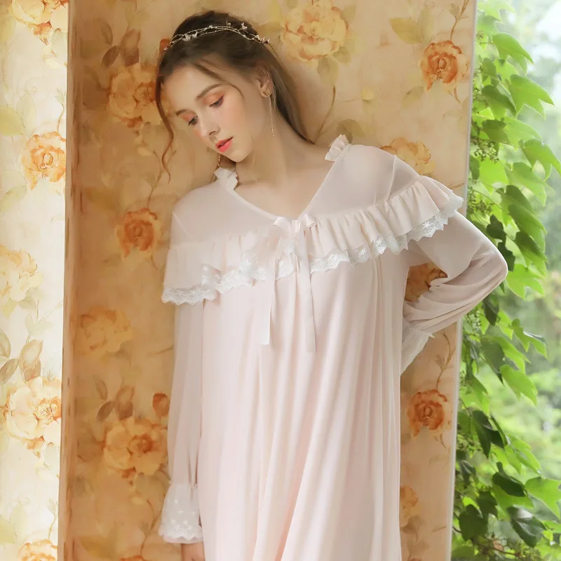 DAS ночная рубашка принцессы с длинным рукавом, кружевная сетчатая Хлопковая весенняя и осенняя Длинная женская Ретро Милая Кружевная домашняя одежда - Цвет: Розовый