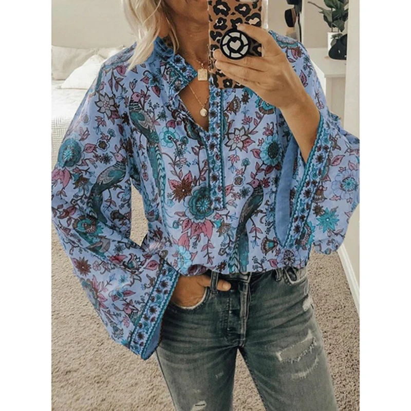 CINESSD 2020 Women Print Blouses Casual Loose Tops Stand V Neck Long Sleeves Button Plus Size Pullover Female Tee Shirts Blouse