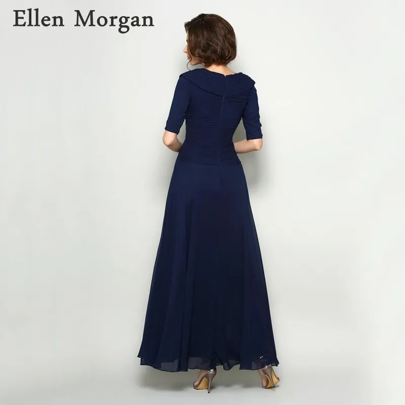 Navy Blue Mother of the Bride Groom Dresses for Wedding Party Gowns with Half Sleeves Tea Length Chiffon Pleat Real Photos