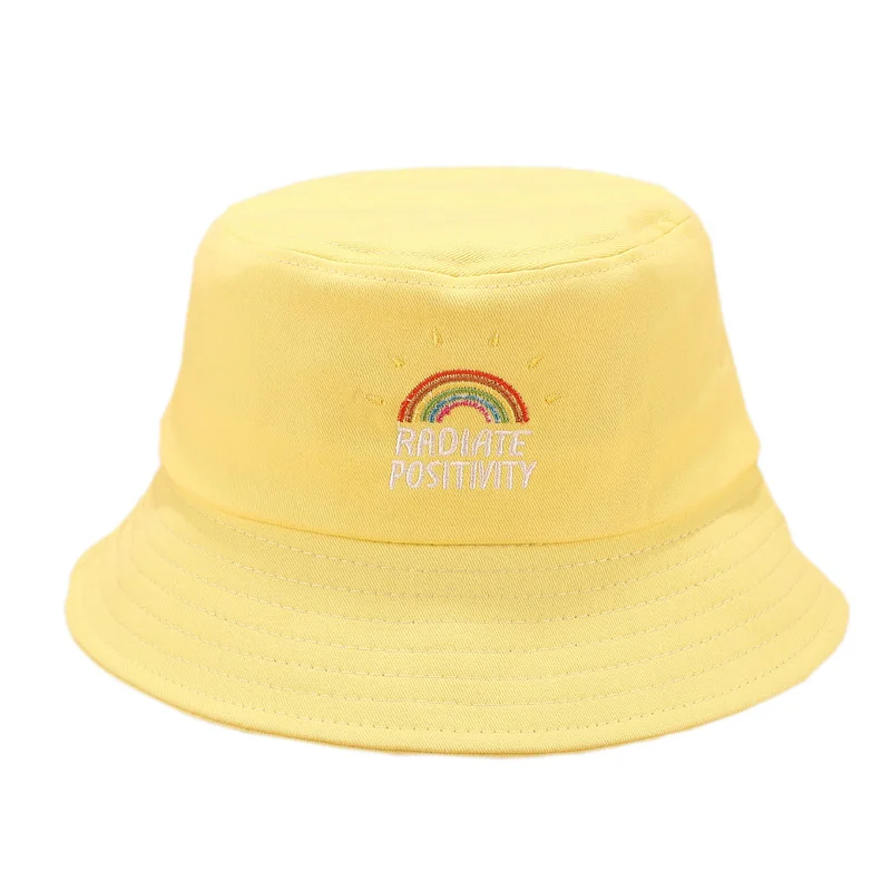 Women White Black Bucket Hat Men Panama Rainbow Embroidery Fishing Hat Summer Vintage Ladies Street Hip Hop Bucket Cap Unisex