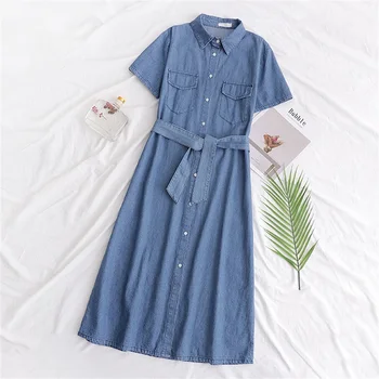 

2020 summer women's new lapel short sleeve with stitching belt denim long dress ZW PREMIUM 90S BRITNEY dress