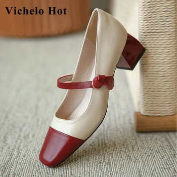

Vichelo Hot full grain leather high quality shoes women square toe med heel Mary janes pretty girls streetwear basic pumps L03