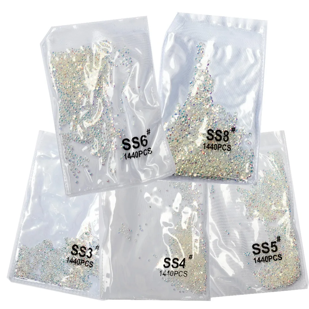 

2020Newest~1440pcs/bag ss3-ss8 Crystals Nail Art Rhinestones Decorations Glass Gems Stones Clear Gold Non Hotfix rhinestones