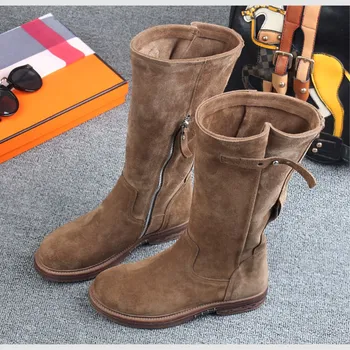

Retro Spring Autumn Women Nubuck Leather Mid-Calf Zipper Belt Sewing Equestrian Boots Winter Ladies Plush Half Boots 191223