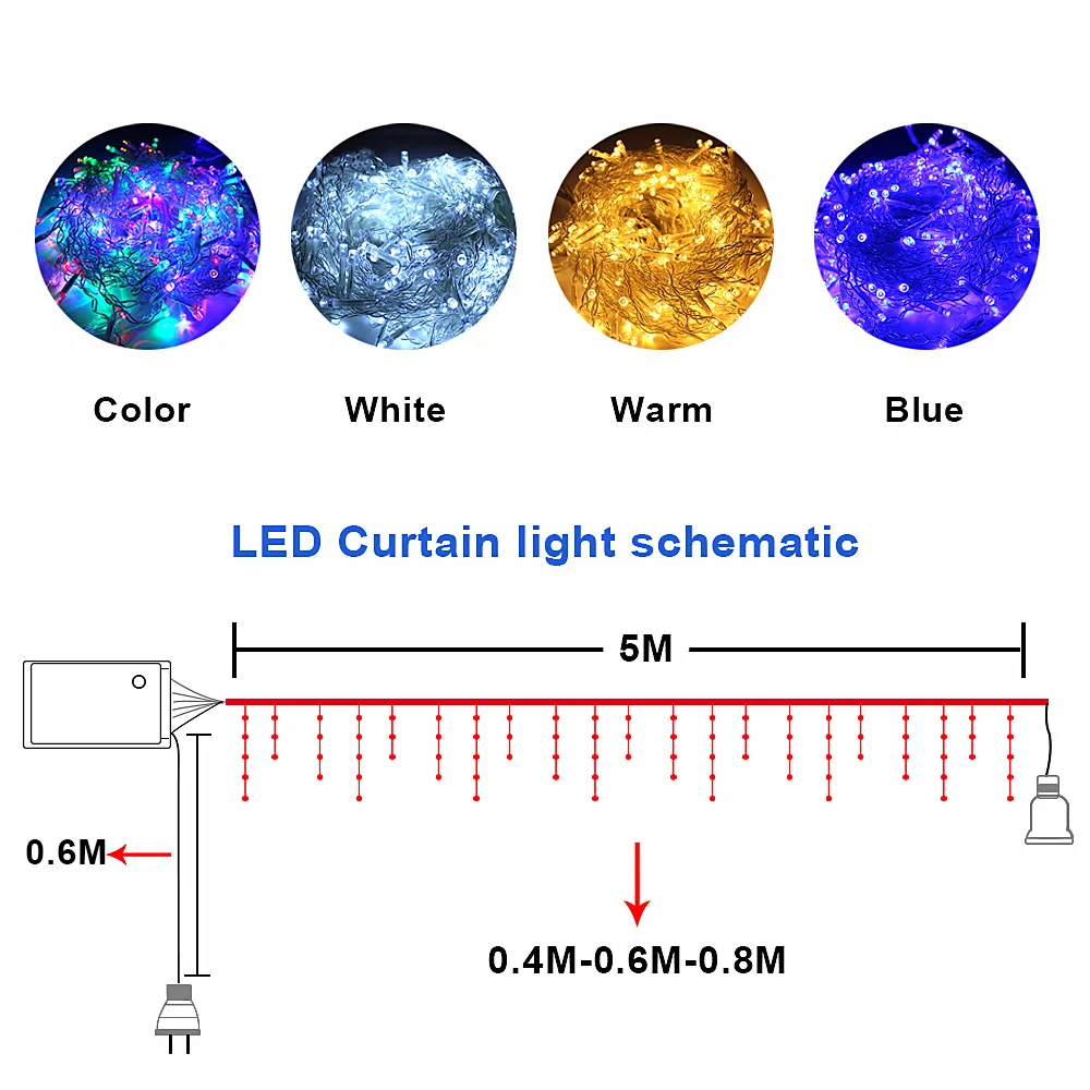 Гирлянда новогодний декор 5 м светодиодный гирлянда для занавесок, гирлянда, наружное освещение, Рождественская гирлянда, светодиодный светильник, Свадебная вечеринка, украшение для дома, дроп 0,4-0,6-0,8 м герлянда