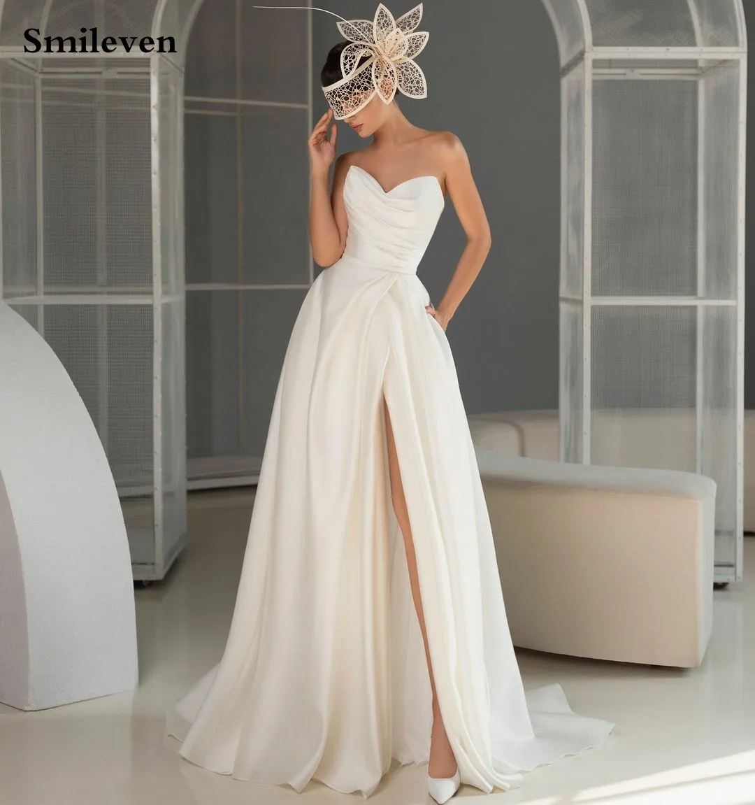 

Smileven Princess Wedding Dress A Line Strapless Robe De Mariée Pleats Side Split Saudi Arabia Wedding Gowns 2022