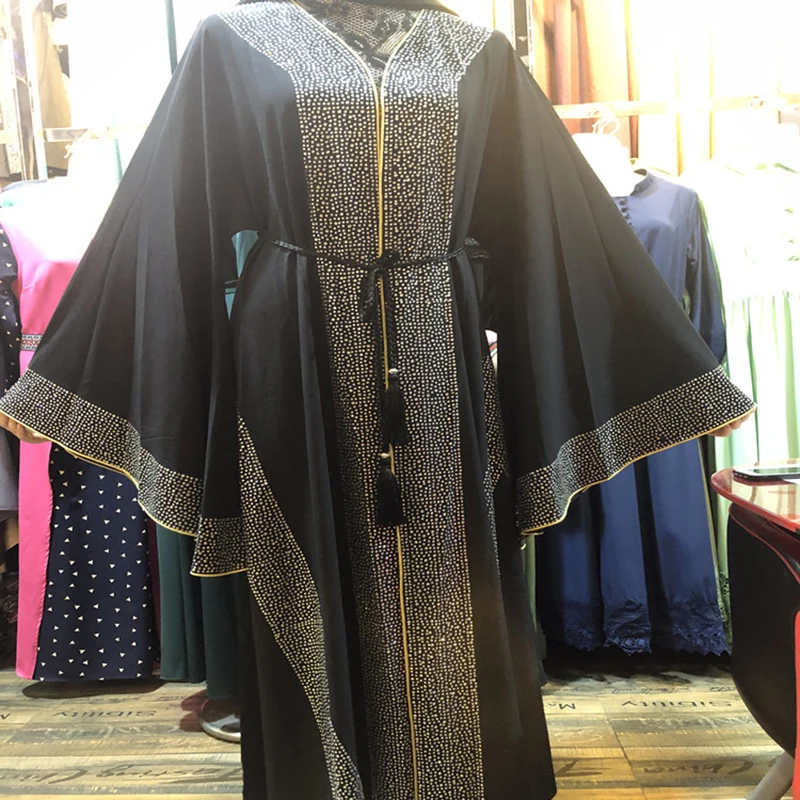 Алмазы открытый абайя кимоно Кафтан Дубай мусульманский хиджаб платье Турция Кафтан Исламская одежда Абая для женщин халат Djelaba Femme