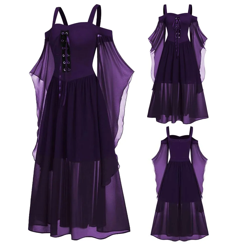 Женское Макси-платье с открытыми плечами, большие размеры, S-5XL рукав-бабочка, кружевное платье на Хэллоуин, готические вечерние женские винтажные платья