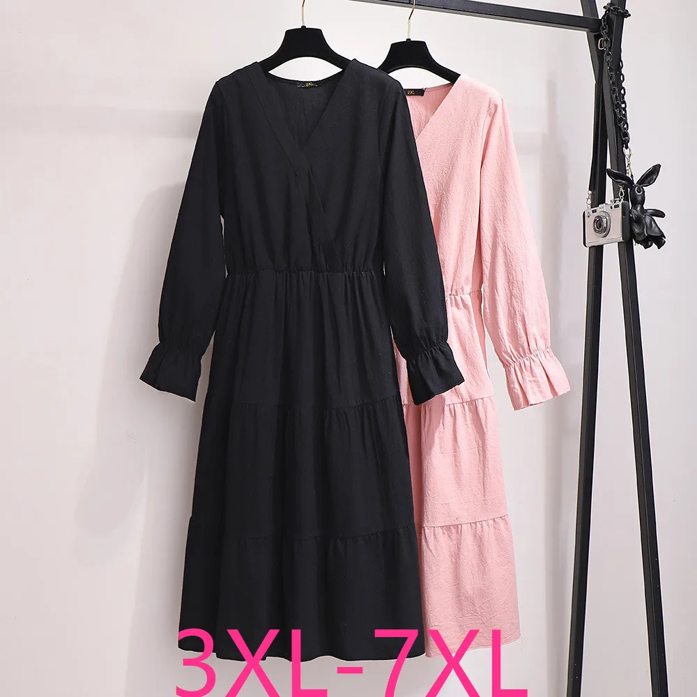 Осень зима размера плюс длинное платье для женщин большое свободное повседневное эластичное плиссированное платье с v-образным вырезом черный розовый 4XL 5XL 6XL 7XL