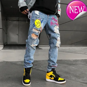 

Skinny New Men Smiling Face Jeans Slim Fit Stretchy Blue Hole Jeans Cotton Lightweight Comfy Hip Hop Graffiti Denim