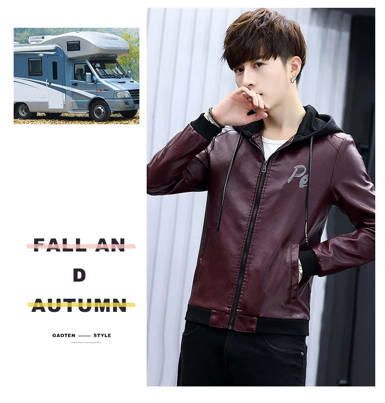 Men Hooded PU Leather Autumn New Style Korean-style Slim Fit Fashion Men'S Wear Teenager Leather Jacket Coat Fashion