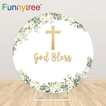 

Funnytree Cross God Bless Circle Round Backdrop cover Baby Shower Communion Baptism Flower Background Wallpaper Photocall Decor