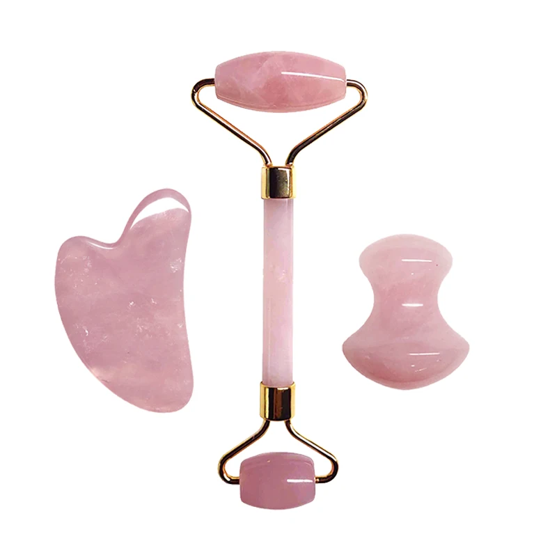 Розовый КВАРЦЕВЫЙ нефритовый роликовый набор, розовый кристалл, массажер для лица, инструмент для массажа лица, гуаша, доска Gua Sha, скребок, натуральный нефрит, ролик для лица